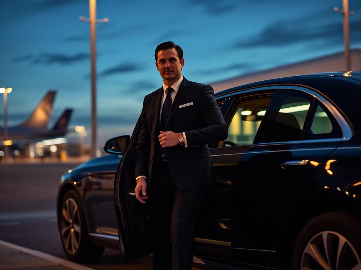 Professional chauffeur opening the door of a black sedan at an airport terminal